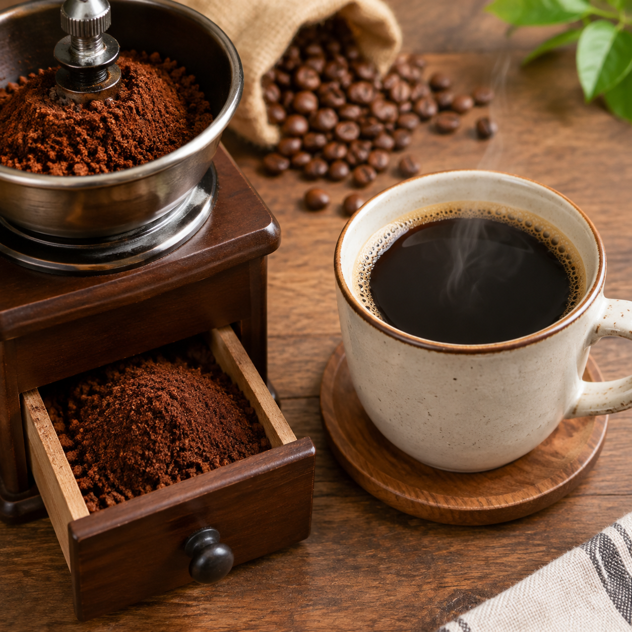 Kaffekvern med malt kaffe og kaffebønner ved siden av en kopp rykende svart kaffe